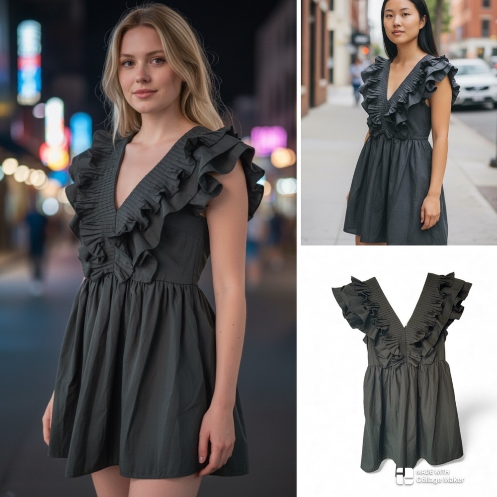 Entro Elegant Black Ruffle V-Neck Women's Top